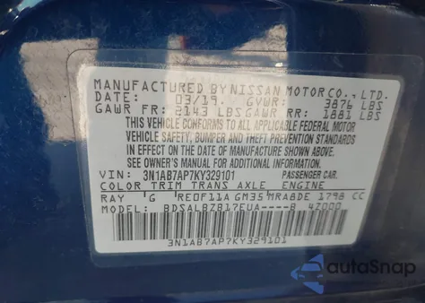 2019 Nissan Sentra S z USA, uszkodzony, nr VIN 3N1AB7AP7KY329101